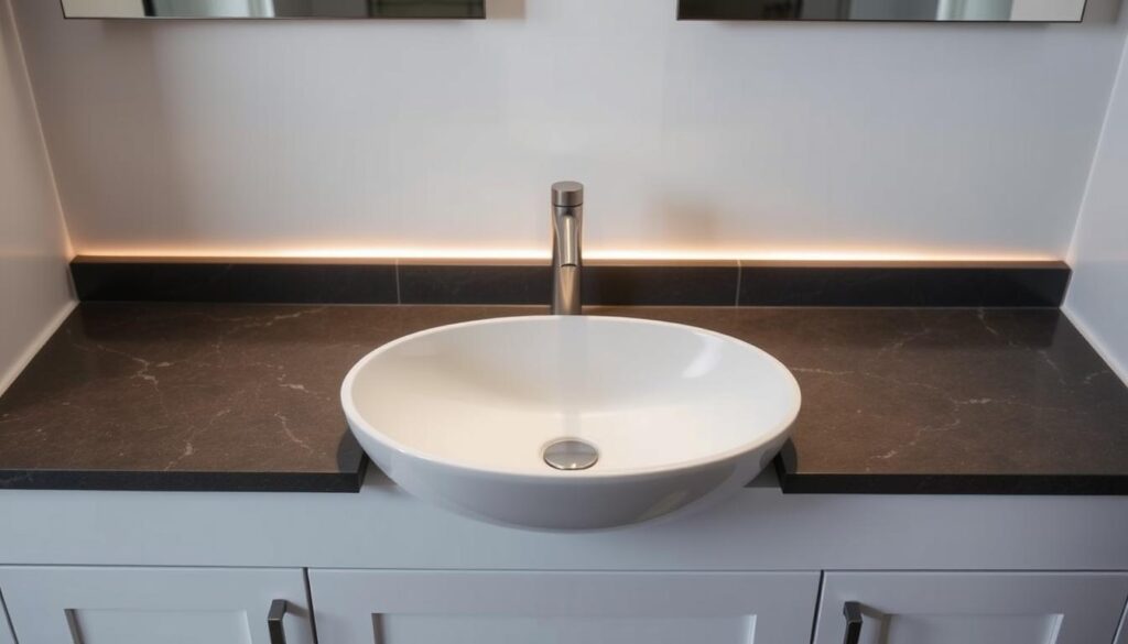A contemporary bathroom sink with a sleek, minimalist design. The sink is made of white porcelain, set against a dark, natural stone countertop. The faucet is a brushed metal finish, complementing the overall aesthetic. Soft, indirect lighting casts a warm glow, creating a spa-like ambiance. The sink is flanked by matching vanity cabinets, providing ample storage space. The scene is captured from a slightly elevated angle, highlighting the clean lines and harmonious color palette. The overall mood is one of sophisticated, yet relaxing elegance, perfectly suited for a double sink bathroom.