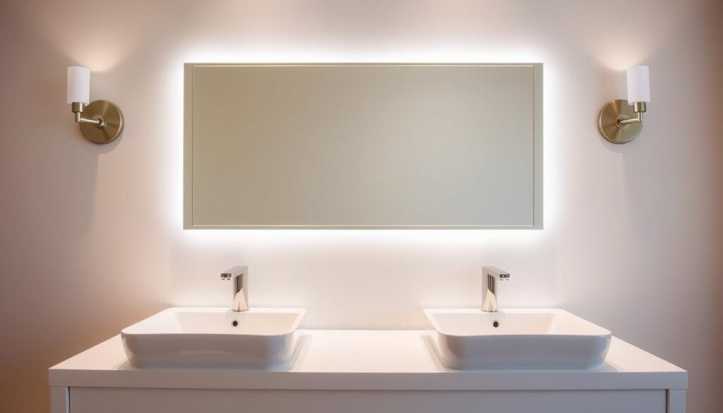A contemporary double bathroom sink with a large decorative mirror above, set against a neutral-toned wall. The sinks are made of sleek white porcelain, with modern chrome faucets. The mirror is rectangular in shape, with a minimalist metal frame that complements the sink hardware. Soft, diffused lighting from wall sconces illuminates the scene, creating a warm and inviting atmosphere. The overall design is clean, sophisticated, and in harmony with the article's theme of "Decorative Mirrors for Double Sinks".