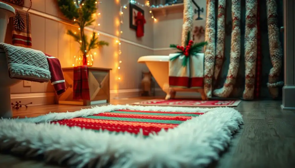 A cozy Christmas-themed bathroom, bathed in warm, ambient lighting. In the foreground, a plush, red and green striped bath mat with a fluffy, snow-white shag border. Beside it, a matching toilet seat cover and coordinating hand towels draped elegantly over the vanity. In the middle ground, a shapely glass vase filled with festive pine branches and red berries, sitting atop a wooden vanity. The background features a clawfoot tub wrapped in a fuzzy, holiday-patterned shower curtain, with fairy lights strung overhead, casting a soft, magical glow. The overall scene evokes a sense of snug, seasonal comfort.
