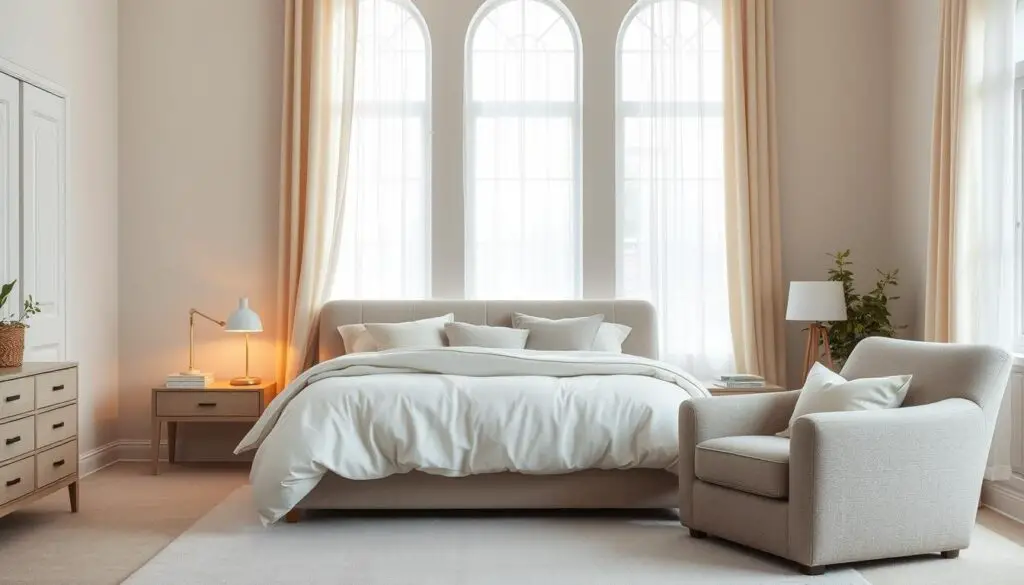 A cozy and bright bedroom with soft, light-colored walls and plush, inviting textures. A large, low-profile bed with a fluffy white duvet and an array of pillows in shades of beige and cream. A pair of nightstands with simple, minimalist lamps casting a warm glow. An oversized armchair in a light gray fabric, perfect for curling up with a book. Tall, arched windows allow natural light to flood the space, and a sheer, white curtain softens the illumination. The overall atmosphere is serene, calming, and conducive to rest and relaxation. A cozy and bright bedroom with soft, light-colored walls and plush, inviting textures. A large, low-profile bed with a fluffy white duvet and an array of pillows in shades of beige and cream. A pair of nightstands with simple, minimalist lamps casting a warm glow. An oversized armchair in a light gray fabric, perfect for curling up with a book. Tall, arched windows allow natural light to flood the space, and a sheer, white curtain softens the illumination. The overall atmosphere is serene, calming, and conducive to rest and relaxation.