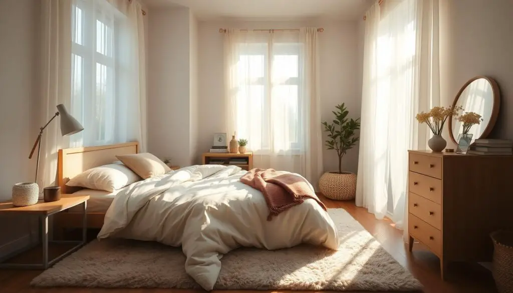 A cozy and bright small bedroom with warm natural lighting streaming through large windows, accented by sheer white curtains that gently diffuse the sunlight. Minimalist furniture and decor create a serene, airy atmosphere. The room is bathed in a soft, ethereal glow, highlighting the textures of the bedding and wooden accents. A large, fluffy rug grounds the space, adding warmth and comfort underfoot. The composition emphasizes the interplay of light and shadow, showcasing how strategic window placement and window treatments can optimize natural illumination in a compact bedroom.