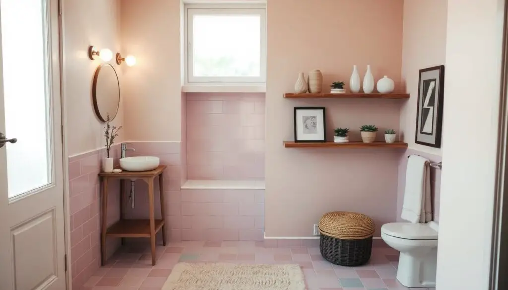 A cozy and calming small bathroom interior with soft pastel colors. The foreground showcases a minimalist vanity with a small circular mirror, accented by a pair of sconce lights casting a warm glow. The middle ground features a tiled floor in muted shades of pink, lavender, and mint, complemented by a plush bath mat. The background highlights a recessed alcove adorned with floating shelves displaying decorative vases, succulents, and a framed piece of art. Soft natural lighting filters through a frosted window, creating a serene and refreshing atmosphere. A cozy and calming small bathroom interior with soft pastel colors. The foreground showcases a minimalist vanity with a small circular mirror, accented by a pair of sconce lights casting a warm glow. The middle ground features a tiled floor in muted shades of pink, lavender, and mint, complemented by a plush bath mat. The background highlights a recessed alcove adorned with floating shelves displaying decorative vases, succulents, and a framed piece of art. Soft natural lighting filters through a frosted window, creating a serene and refreshing atmosphere.