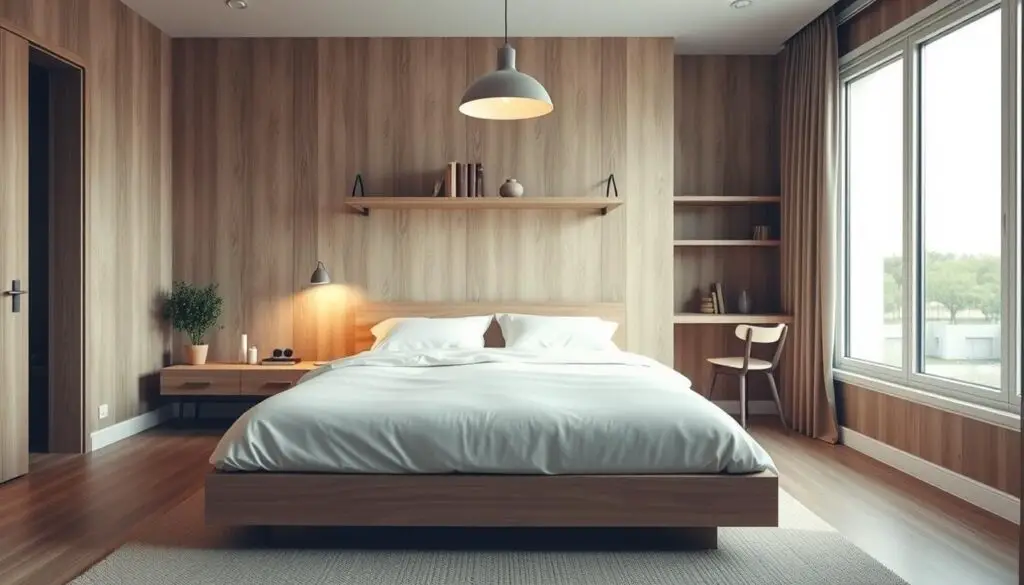 A cozy and functional compact bedroom layout with an open concept design. A minimalist, Scandinavian-inspired room with a low-profile platform bed in the foreground, flanked by sleek nightstands and a floating shelf above. Soft, warm lighting from a pendant lamp creates a tranquil ambiance, while full-length windows on the right allow natural light to pour in and make the space feel airy and expansive. The background features a neutral, earthy color palette with wooden accents, complemented by a small desk nook tucked in the corner, maximizing the limited floor space. A cozy and functional compact bedroom layout with an open concept design. A minimalist, Scandinavian-inspired room with a low-profile platform bed in the foreground, flanked by sleek nightstands and a floating shelf above. Soft, warm lighting from a pendant lamp creates a tranquil ambiance, while full-length windows on the right allow natural light to pour in and make the space feel airy and expansive. The background features a neutral, earthy color palette with wooden accents, complemented by a small desk nook tucked in the corner, maximizing the limited floor space.