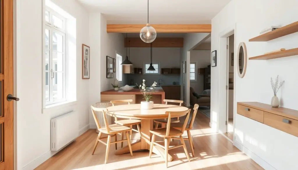 A cozy and functional small dining area with a modern farmhouse aesthetic. A circular wooden dining table with minimalist chairs sits in a bright, airy space, surrounded by white walls and natural wood accents. Overhead, a simple pendant light casts a warm glow, while a large window allows natural light to flood the room. In the background, a glimpse of an open-plan kitchen and living room can be seen, seamlessly integrated into the space. The atmosphere is inviting and relaxed, with subtle textures and a neutral color palette that creates a sense of calm and harmony. A cozy and functional small dining area with a modern farmhouse aesthetic. A circular wooden dining table with minimalist chairs sits in a bright, airy space, surrounded by white walls and natural wood accents. Overhead, a simple pendant light casts a warm glow, while a large window allows natural light to flood the room. In the background, a glimpse of an open-plan kitchen and living room can be seen, seamlessly integrated into the space. The atmosphere is inviting and relaxed, with subtle textures and a neutral color palette that creates a sense of calm and harmony.
