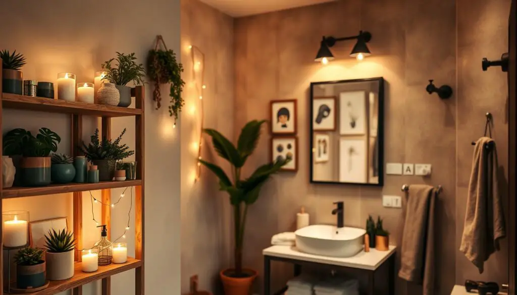 A cozy and inviting bathroom interior, with a focus on personalized DIY decor. In the foreground, a rustic wooden shelving unit displays an array of potted plants, scented candles, and handmade ceramic vases. The middle ground features a sleek vanity with a large, framed mirror, adorned with string lights and DIY art pieces. The background showcases warm, ambient lighting that creates a relaxing atmosphere, complemented by textured wall panels and minimalist, wall-mounted fixtures. The overall aesthetic blends natural elements, handcrafted touches, and a soothing color palette, capturing the essence of a personalized, small-space bathroom transformation.