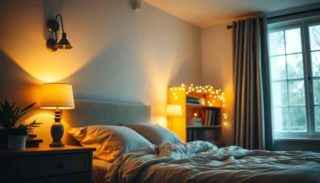 A cozy and inviting bedroom scene, illuminated by a soft, warm glow from strategically placed lighting fixtures. In the foreground, a bedside table lamp casts a gentle radiance, complementing the ambient light from a pair of wall sconces mounted above the headboard. In the middle ground, a delicate string of fairy lights winds along the top of a bookshelf, adding a touch of whimsy and enchantment. The background features a large window, allowing natural light to filter in and create a soothing, tranquil atmosphere. The overall effect is one of relaxation and comfort, perfectly capturing the essence of "Enhance Ambiance with Lighting" for a small bedroom space. A cozy and inviting bedroom scene, illuminated by a soft, warm glow from strategically placed lighting fixtures. In the foreground, a bedside table lamp casts a gentle radiance, complementing the ambient light from a pair of wall sconces mounted above the headboard. In the middle ground, a delicate string of fairy lights winds along the top of a bookshelf, adding a touch of whimsy and enchantment. The background features a large window, allowing natural light to filter in and create a soothing, tranquil atmosphere. The overall effect is one of relaxation and comfort, perfectly capturing the essence of "Enhance Ambiance with Lighting" for a small bedroom space.