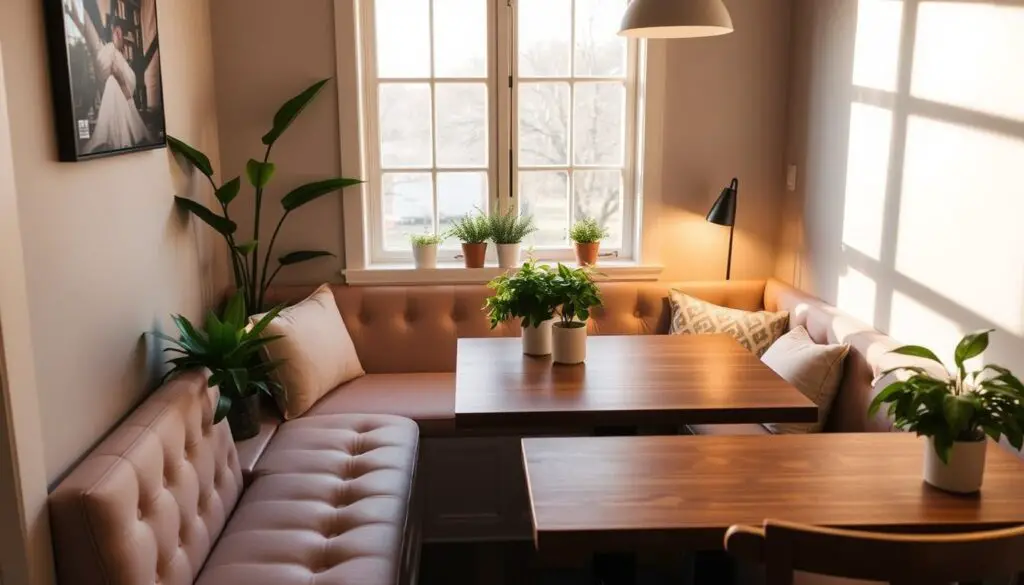 A cozy and inviting dining nook with a custom-built bench seating solution, illuminated by warm, natural lighting filtering through a large window. The bench features tufted upholstery in a neutral tone, complemented by a wooden table with clean lines. Lush, potted plants and a decorative vase add a touch of greenery, while subtle, ambient lighting sets a relaxed atmosphere. The overall scene conveys a sense of functionality and style, perfectly suited for a small dining area.