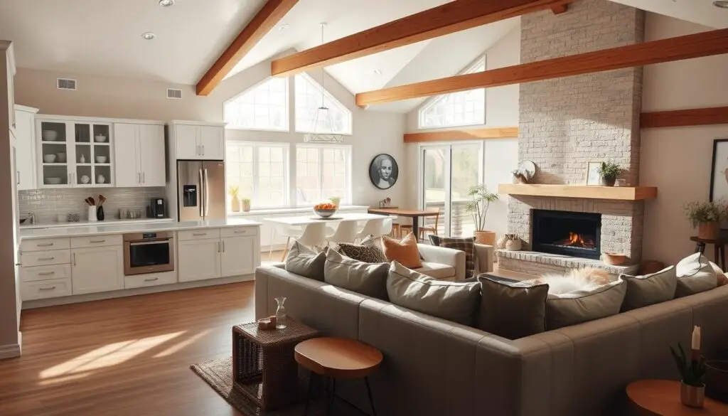 A cozy and inviting open concept kitchen and living room with natural light streaming in through large windows. The kitchen features sleek white cabinetry, stainless steel appliances, and a spacious island with seating. The living area has plush, neutral-toned furnishings arranged around a modern fireplace. Exposed beams and warm wood accents create a rustic yet refined ambiance. The space is bathed in a soft, even lighting, captured from a slightly elevated angle to showcase the seamless flow between the two zones. An atmosphere of comfort and relaxation permeates the scene. A cozy and inviting open concept kitchen and living room with natural light streaming in through large windows. The kitchen features sleek white cabinetry, stainless steel appliances, and a spacious island with seating. The living area has plush, neutral-toned furnishings arranged around a modern fireplace. Exposed beams and warm wood accents create a rustic yet refined ambiance. The space is bathed in a soft, even lighting, captured from a slightly elevated angle to showcase the seamless flow between the two zones. An atmosphere of comfort and relaxation permeates the scene.