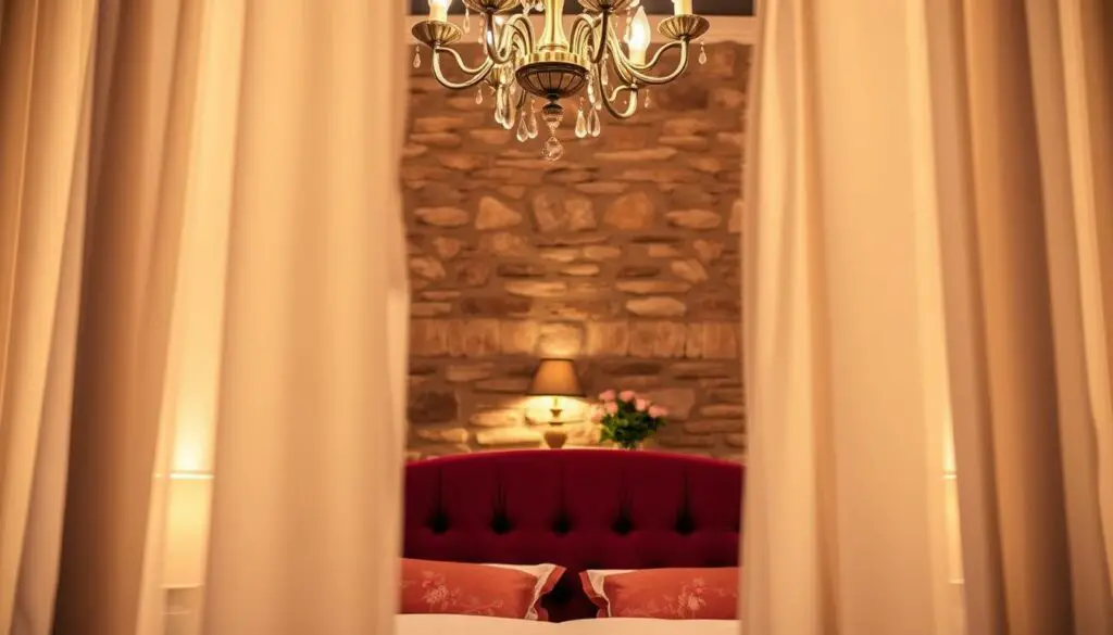 A cozy and inviting romantic bedroom decor, bathed in warm lighting from a chandelier overhead. In the foreground, a plush velvet headboard in a rich burgundy hue, accented with delicate floral embroidery. Soft, billowy white curtains frame the scene, gently swaying in a gentle breeze. In the middle ground, a wooden nightstand with a vintage-inspired lamp casts a gentle glow, alongside a vase of freshly picked roses. The background features a stone accent wall, adding depth and texture to the space. Soft, ambient lighting creates a intimate, calming atmosphere, perfect for a couples' retreat. A cozy and inviting romantic bedroom decor, bathed in warm lighting from a chandelier overhead. In the foreground, a plush velvet headboard in a rich burgundy hue, accented with delicate floral embroidery. Soft, billowy white curtains frame the scene, gently swaying in a gentle breeze. In the middle ground, a wooden nightstand with a vintage-inspired lamp casts a gentle glow, alongside a vase of freshly picked roses. The background features a stone accent wall, adding depth and texture to the space. Soft, ambient lighting creates a intimate, calming atmosphere, perfect for a couples' retreat.