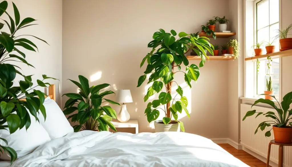 A cozy and inviting small bedroom design, bathed in warm natural light streaming through a large window. In the foreground, a plush queen-sized bed adorned with crisp white linens and an assortment of lush, verdant houseplants in various sizes and shapes, their leaves gently swaying. The middle ground features a minimalist nightstand with a reading lamp and a potted fiddle-leaf fig tree, creating a serene and rejuvenating atmosphere. The background showcases a neutral-toned accent wall, complemented by floating shelves displaying more potted plants, adding pops of vibrant greenery to the space. The overall scene exudes a sense of tranquility and a connection to nature, perfect for a restful retreat. A cozy and inviting small bedroom design, bathed in warm natural light streaming through a large window. In the foreground, a plush queen-sized bed adorned with crisp white linens and an assortment of lush, verdant houseplants in various sizes and shapes, their leaves gently swaying. The middle ground features a minimalist nightstand with a reading lamp and a potted fiddle-leaf fig tree, creating a serene and rejuvenating atmosphere. The background showcases a neutral-toned accent wall, complemented by floating shelves displaying more potted plants, adding pops of vibrant greenery to the space. The overall scene exudes a sense of tranquility and a connection to nature, perfect for a restful retreat.