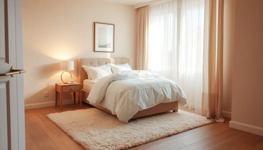 A cozy and inviting small bedroom layout, bathed in warm, soft lighting. The space features a plush, neutral-toned bed with fluffy white bedding, complemented by a delicate lace-trimmed duvet cover. A small nightstand with a minimalist table lamp sits beside the bed, casting a gentle glow. The walls are painted in a calming, light-reflecting beige, with a simple framed piece of art hanging above the headboard. A soft, plush area rug in an understated pattern grounds the space, while sheer, gossamer curtains gently billow in the natural light from the large window, creating a serene and tranquil atmosphere. A cozy and inviting small bedroom layout, bathed in warm, soft lighting. The space features a plush, neutral-toned bed with fluffy white bedding, complemented by a delicate lace-trimmed duvet cover. A small nightstand with a minimalist table lamp sits beside the bed, casting a gentle glow. The walls are painted in a calming, light-reflecting beige, with a simple framed piece of art hanging above the headboard. A soft, plush area rug in an understated pattern grounds the space, while sheer, gossamer curtains gently billow in the natural light from the large window, creating a serene and tranquil atmosphere.