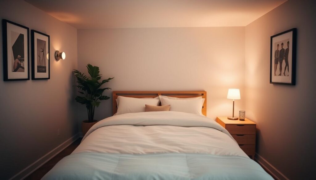 A cozy and inviting small bedroom with warm lighting, soft textures, and personalized decor elements. A minimalist wooden bed frame with a plush bedding set takes center stage, flanked by sleek nightstands and tasteful wall art. Subtle, ambient lighting emanates from a pair of sconces, casting a gentle glow across the space. In the background, a lush indoor plant and a minimalist desk setup add personal touches, creating a harmonious and visually appealing design. The overall atmosphere is one of relaxation and thoughtful style, showcasing how smart decorative choices can transform a compact bedroom into a stylish, functional, and welcoming retreat.