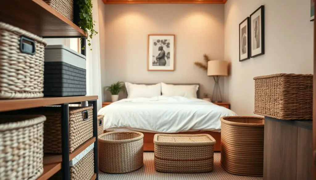 A cozy and organized small bedroom interior, with a soft, warm lighting. In the foreground, an arrangement of woven baskets and decorative boxes on a wooden shelf, providing ample storage solutions. The middle ground showcases a minimalist bed frame with crisp white bedding and a few potted plants, creating a serene and calming atmosphere. The background features a neutral-toned wall with a framed artwork, lending a touch of personality to the space. The overall composition emphasizes the clever use of storage items to maximize the limited square footage, resulting in a visually appealing and functional bedroom design.