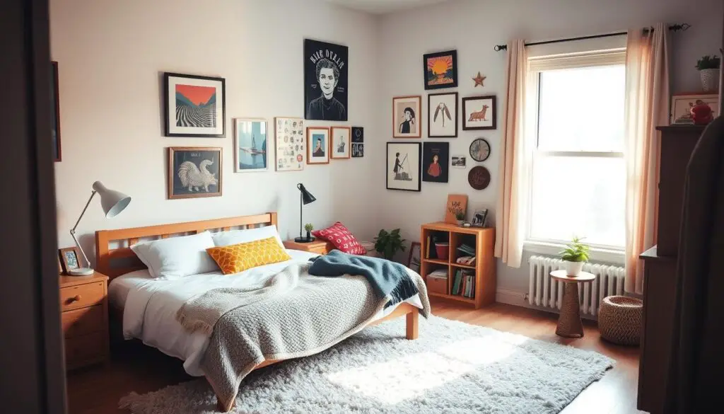 A cozy and personalized small bedroom, with a mix of modern and vintage decor. The room is filled with natural light from a large window, casting a warm glow onto the carefully curated artwork and trinkets. A plush area rug grounds the space, complemented by a wooden bed frame and minimalist nightstands. Vibrant throw pillows and a textured blanket add pops of color, while a small bookshelf and potted plant contribute to the inviting, lived-in atmosphere. The overall vibe is one of relaxation and self-expression, reflecting the homeowner's unique style and personality.