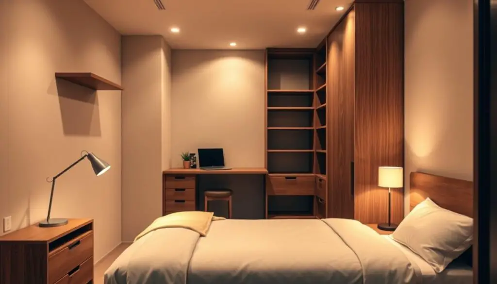 A cozy and stylish small bedroom with a multi-functional furniture arrangement. In the foreground, a minimalist platform bed with built-in storage drawers and a sleek nightstand with a modern table lamp. In the middle ground, a compact corner desk with a floating shelf above, providing a functional workspace. The background features a tall, narrow bookshelf that doubles as a room divider, creating a sense of depth and organization. Warm, indirect lighting from a ceiling-mounted fixture casts a soft, relaxing glow throughout the space. The overall atmosphere is one of efficiency, comfort, and contemporary design. A cozy and stylish small bedroom with a multi-functional furniture arrangement. In the foreground, a minimalist platform bed with built-in storage drawers and a sleek nightstand with a modern table lamp. In the middle ground, a compact corner desk with a floating shelf above, providing a functional workspace. The background features a tall, narrow bookshelf that doubles as a room divider, creating a sense of depth and organization. Warm, indirect lighting from a ceiling-mounted fixture casts a soft, relaxing glow throughout the space. The overall atmosphere is one of efficiency, comfort, and contemporary design.