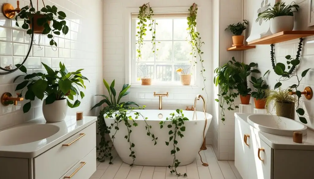 A cozy and tranquil small bathroom, bathed in warm, natural light filtering through a large window. The crisp white tiles and fixtures create a clean, minimalist foundation. Lush, verdant potted plants adorn the vanity and shelves, their vibrant foliage cascading gracefully. A modern, freestanding tub sits centered, inviting relaxation. Trailing vines spill over the edges, adding a sense of organic harmony. Sleek brass fixtures and accents complement the earthy tones. The overall atmosphere is one of serene, spa-like rejuvenation, where the soothing presence of nature meets the simplicity of modern design.