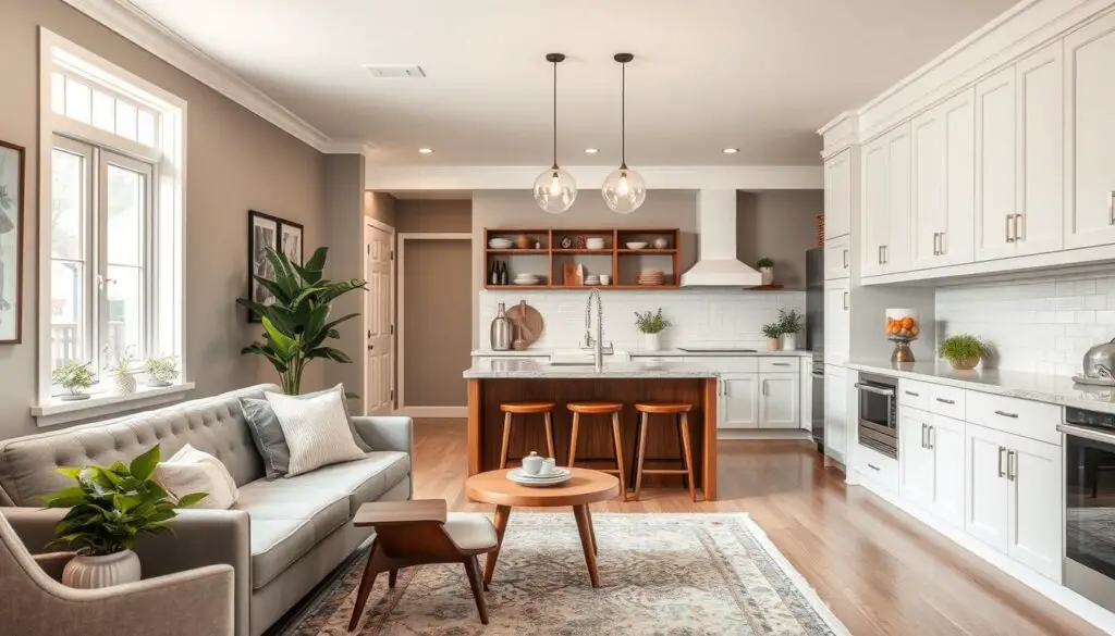A cozy and well-appointed small living room with an open-concept kitchen. Warm, diffused lighting from a large window and a pair of sleek, minimalist pendant lamps over a wooden kitchen island. Soft gray walls, a plush tufted sofa, and a mid-century inspired armchair create a welcoming, personalized space. Accents of greenery, metallic vases, and a patterned area rug add vibrant, homey touches. The kitchen features white cabinets, marble countertops, and a subway tile backsplash, seamlessly blending with the living area. An overall sense of harmony, comfort, and thoughtful design. A cozy and well-appointed small living room with an open-concept kitchen. Warm, diffused lighting from a large window and a pair of sleek, minimalist pendant lamps over a wooden kitchen island. Soft gray walls, a plush tufted sofa, and a mid-century inspired armchair create a welcoming, personalized space. Accents of greenery, metallic vases, and a patterned area rug add vibrant, homey touches. The kitchen features white cabinets, marble countertops, and a subway tile backsplash, seamlessly blending with the living area. An overall sense of harmony, comfort, and thoughtful design.