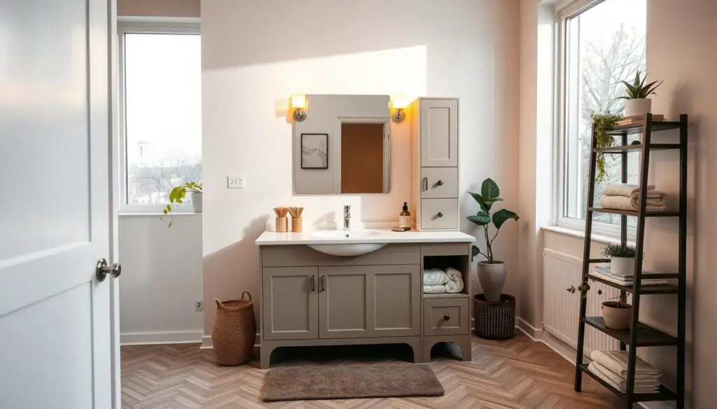 A cozy and well-designed apartment bathroom with a multifunctional vanity unit as the focal point. The vanity features ample storage space, a sink, and a hidden compartment that doubles as a compact work desk. The room is bathed in warm, diffused lighting from sconces mounted on the mirror, creating a spa-like ambiance. The floor is tiled in a herringbone pattern, complemented by a plush bath mat. A minimalist freestanding shelving unit in the corner stores towels, plants, and decorative items, optimizing the limited space. Large windows allow natural light to flood the room, making it feel airy and rejuvenating.