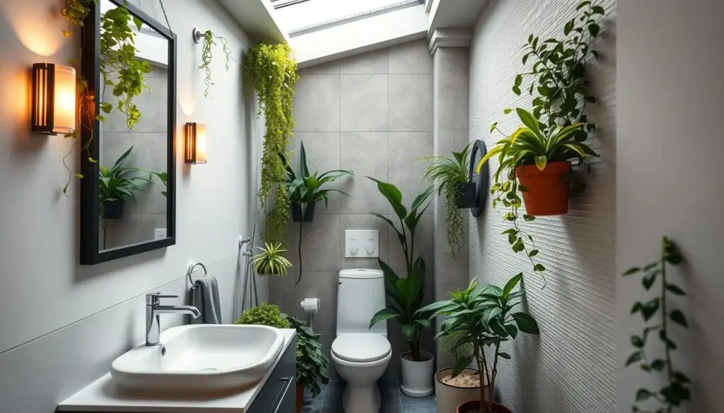 A cozy and well-lit small bathroom, its walls adorned with lush greenery cascading from hanging planters. The foreground features a modern vanity with a sleek sink and minimalist faucet, complemented by a large framed mirror that reflects the vibrant foliage. The middle ground showcases a compact but functional toilet, nestled between potted plants that add a fresh, natural touch. The background hints at a textured tile wall, creating a serene and spa-like ambiance. Soft, diffused lighting from wall sconces and a skylight above illuminates the scene, highlighting the harmonious blend of modern fixtures and thriving botanical elements. A cozy and well-lit small bathroom, its walls adorned with lush greenery cascading from hanging planters. The foreground features a modern vanity with a sleek sink and minimalist faucet, complemented by a large framed mirror that reflects the vibrant foliage. The middle ground showcases a compact but functional toilet, nestled between potted plants that add a fresh, natural touch. The background hints at a textured tile wall, creating a serene and spa-like ambiance. Soft, diffused lighting from wall sconces and a skylight above illuminates the scene, highlighting the harmonious blend of modern fixtures and thriving botanical elements.