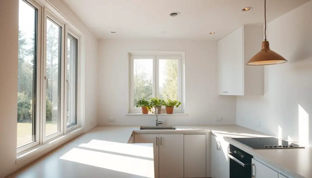 A cozy and well-lit small white kitchen, with large windows that flood the space with natural light. The countertops are made of a light, natural stone, and the cabinets have a matte, minimalist finish. A small herb garden sits on the windowsill, casting soft shadows across the room. The lighting is a mix of sleek, recessed fixtures and a pendant lamp that casts a warm, ambient glow. The overall feel is one of serenity and simplicity, with clean lines and a subtle, earthy palette. A cozy and well-lit small white kitchen, with large windows that flood the space with natural light. The countertops are made of a light, natural stone, and the cabinets have a matte, minimalist finish. A small herb garden sits on the windowsill, casting soft shadows across the room. The lighting is a mix of sleek, recessed fixtures and a pendant lamp that casts a warm, ambient glow. The overall feel is one of serenity and simplicity, with clean lines and a subtle, earthy palette.