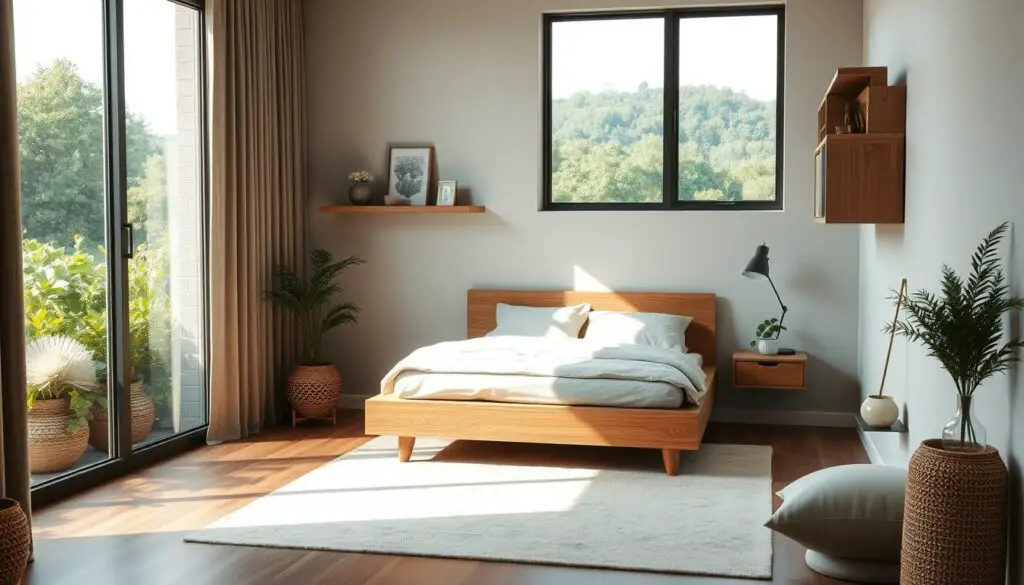 A cozy and well-organized corner bedroom layout. Soft, natural lighting illuminates a minimalist platform bed nestled in the corner, its clean lines and neutral tones creating a serene atmosphere. Floating shelves and a small side table provide ample storage and display space, while a large window overlooking a lush, green landscape adds a sense of tranquility. The room's neutral color palette, tactile textures, and carefully curated decor elements contribute to a calming, harmonious ambiance, making the most of the available space in a small bedroom.