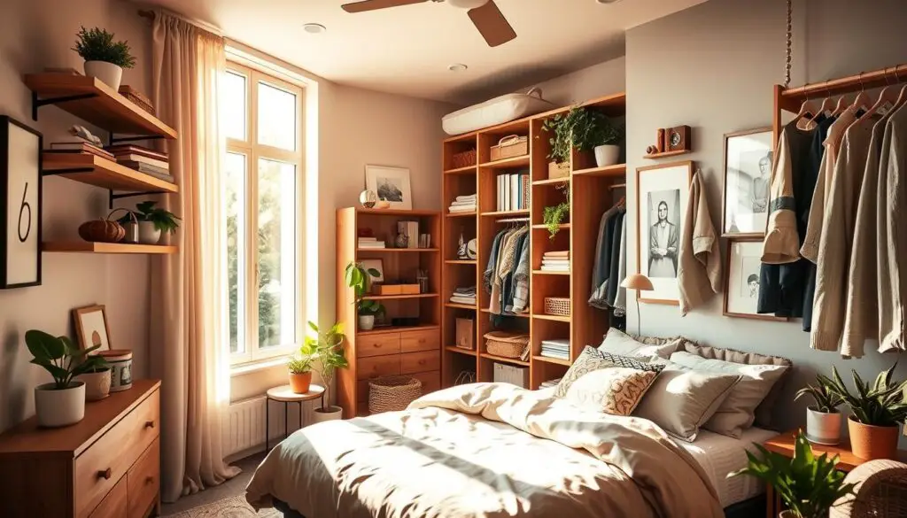 A cozy and well-organized small bedroom, bathed in warm natural lighting streaming through a large window. The room features an abundance of vertical storage solutions, including floating shelves, a tall bookcase, and a closet system that maximizes every inch of space. Meticulously curated decor elements, such as potted plants, framed artwork, and soft textiles, create a harmonious and visually appealing atmosphere. The bedroom exudes a sense of tranquility and efficiency, showcasing how thoughtful design can transform a compact space into a functional and inviting retreat.