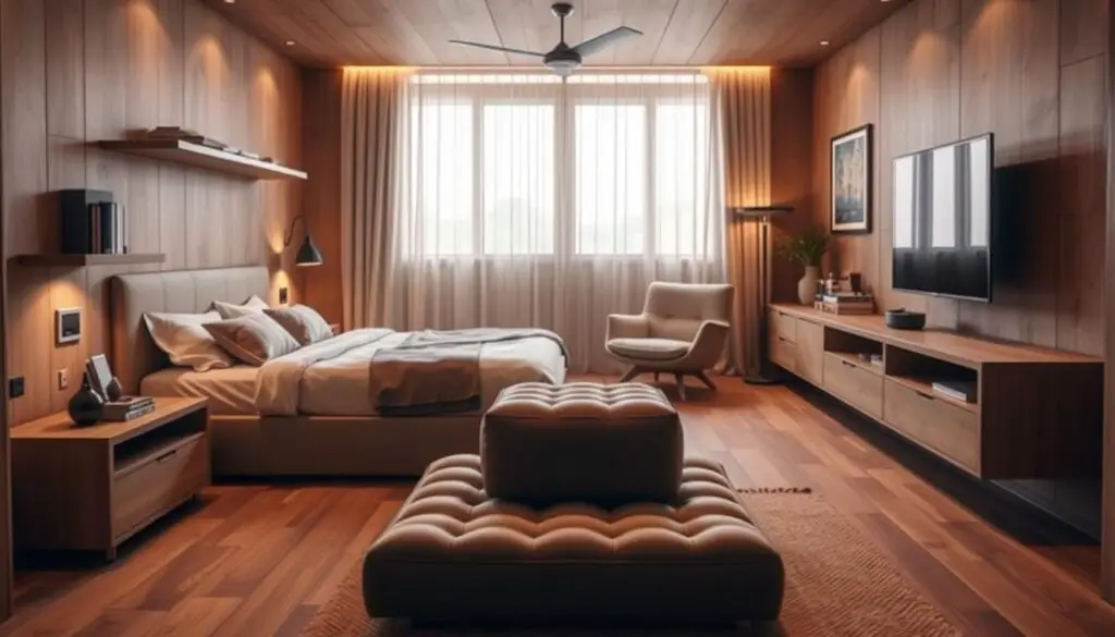 A cozy and well-organized small bedroom interior with warm lighting and natural textures. In the foreground, a minimalist platform bed with storage drawers underneath, complemented by floating shelves and a wall-mounted nightstand. In the middle ground, a stylish chaise lounge and a multi-purpose ottoman that doubles as a coffee table and additional seating. The background showcases a large window with sheer curtains, letting in soft natural light and highlighting the room's tranquil atmosphere. The overall aesthetic blends modern and rustic elements, creating a harmonious and functional living space. A cozy and well-organized small bedroom interior with warm lighting and natural textures. In the foreground, a minimalist platform bed with storage drawers underneath, complemented by floating shelves and a wall-mounted nightstand. In the middle ground, a stylish chaise lounge and a multi-purpose ottoman that doubles as a coffee table and additional seating. The background showcases a large window with sheer curtains, letting in soft natural light and highlighting the room's tranquil atmosphere. The overall aesthetic blends modern and rustic elements, creating a harmonious and functional living space.