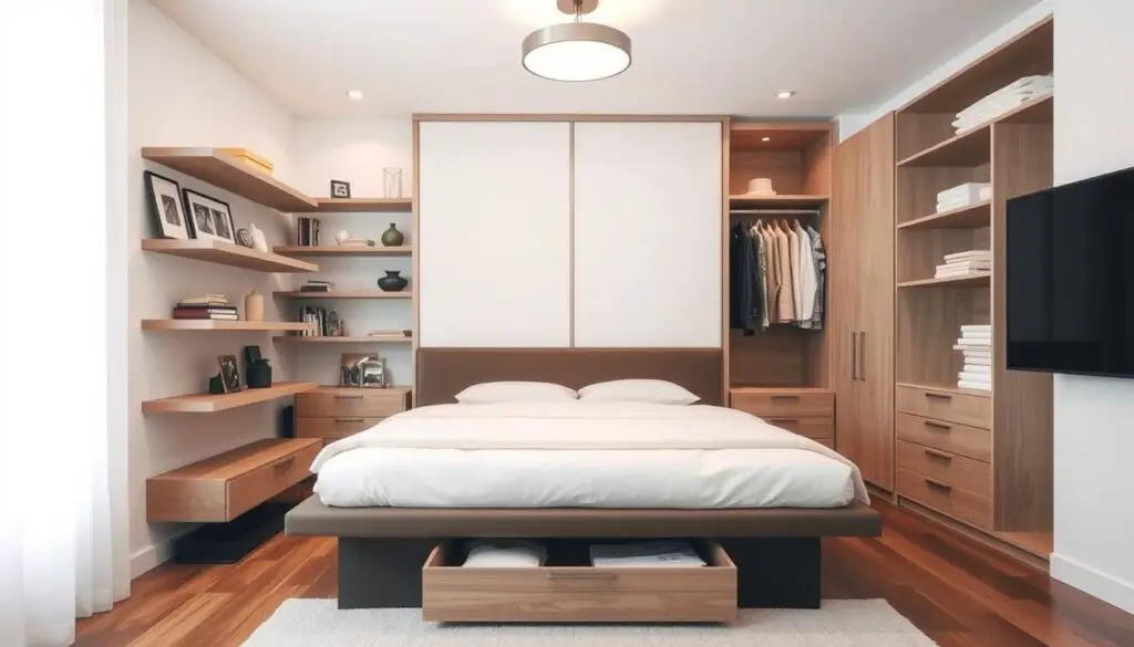 A cozy and well-organized small bedroom, showcasing an array of smart storage solutions. In the foreground, a neatly arranged set of floating shelves, expertly maximizing vertical space and displaying decorative accents. In the middle ground, a low-profile platform bed with integrated drawers, providing ample hidden storage. The background features a minimalist wardrobe with sliding doors, seamlessly blending into the room's design. Soft, diffused lighting from a central ceiling fixture creates a warm and inviting atmosphere, emphasizing the efficient and stylish storage solutions. The entire scene captures the essence of maximizing limited space in a small bedroom for a couple. A cozy and well-organized small bedroom, showcasing an array of smart storage solutions. In the foreground, a neatly arranged set of floating shelves, expertly maximizing vertical space and displaying decorative accents. In the middle ground, a low-profile platform bed with integrated drawers, providing ample hidden storage. The background features a minimalist wardrobe with sliding doors, seamlessly blending into the room's design. Soft, diffused lighting from a central ceiling fixture creates a warm and inviting atmosphere, emphasizing the efficient and stylish storage solutions. The entire scene captures the essence of maximizing limited space in a small bedroom for a couple.