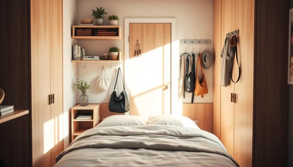 A cozy and well-organized small bedroom, with a focus on the door storage solutions. The room is bathed in warm, natural lighting, casting a soft glow on the minimalist furniture and decor. In the foreground, the bed is flanked by two compact nightstands, each with a discreet shelving unit built into the door. Above the bed, a wall-mounted storage unit with adjustable shelves and hooks provides additional space for books, plants, and personal items. In the middle ground, the bedroom door features a series of hooks and organizers, allowing for the efficient storage of bags, belts, and other accessories. The background showcases a neutral color palette, with wooden accents and natural textures, creating a calming and inviting atmosphere.