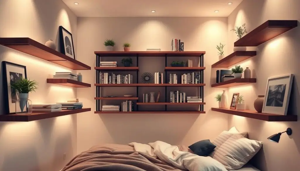 A cozy and well-organized small bedroom with a modern, minimalist aesthetic. The room features sleek, floating wooden shelves mounted on the wall, providing ample storage space for books, plants, and decorative accents. The shelves are bathed in warm, directional lighting, casting a gentle glow and creating a inviting, relaxing atmosphere. The bedroom is decorated in neutral tones, with soft, textured bedding and a few carefully placed pieces of artwork, lending a sense of elegance and sophistication. The overall scene conveys a harmonious, clutter-free living space that maximizes vertical storage in a visually appealing way.