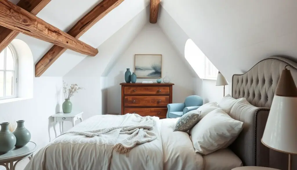 A cozy attic bedroom with a calming color palette of soft grays, blues, and whites. The room is bathed in natural light from a large, arched window, casting a warm glow on the rustic wooden beams and whitewashed walls. In the foreground, a plush, tufted headboard in a soothing gray hue anchors the space, complemented by crisp, white linens and a delicate floral throw. On the side table, a trio of ceramic vases in shades of blue and green add a touch of organic elegance. In the middle ground, a vintage wooden dresser and a cozy armchair in a complementary blue tone create a harmonious seating area. The background features a subtle, abstract artwork in muted tones, echoing the overall color scheme and evoking a sense of tranquility. A cozy attic bedroom with a calming color palette of soft grays, blues, and whites. The room is bathed in natural light from a large, arched window, casting a warm glow on the rustic wooden beams and whitewashed walls. In the foreground, a plush, tufted headboard in a soothing gray hue anchors the space, complemented by crisp, white linens and a delicate floral throw. On the side table, a trio of ceramic vases in shades of blue and green add a touch of organic elegance. In the middle ground, a vintage wooden dresser and a cozy armchair in a complementary blue tone create a harmonious seating area. The background features a subtle, abstract artwork in muted tones, echoing the overall color scheme and evoking a sense of tranquility.