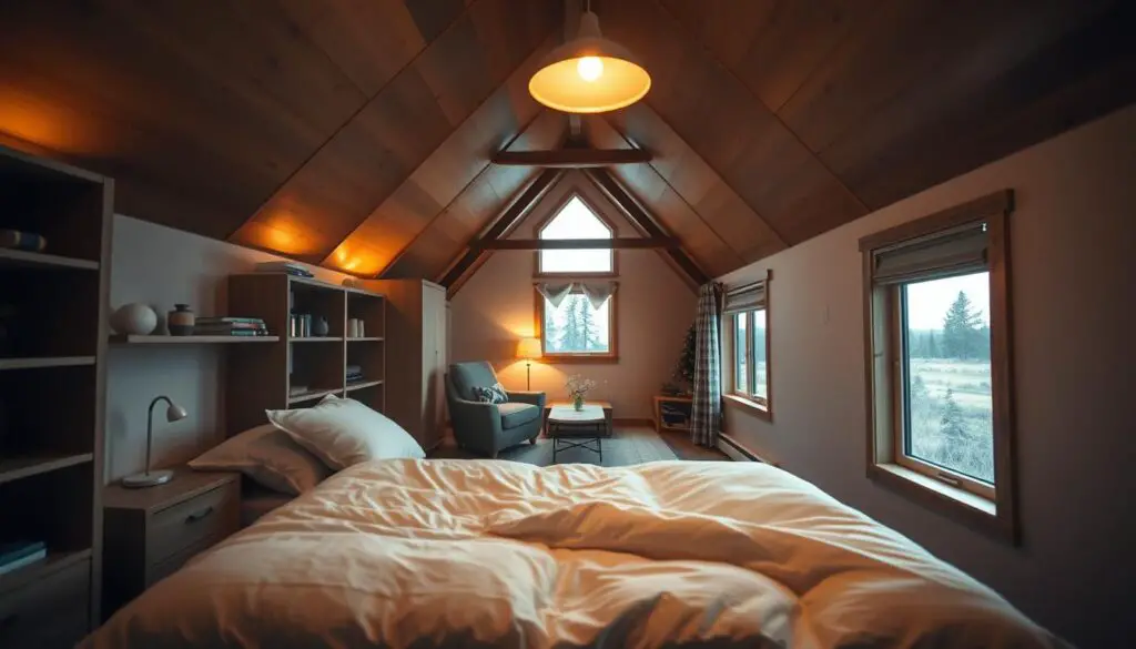 A cozy attic bedroom with maximized space. In the foreground, a neatly arranged twin bed with soft, plush bedding and plump pillows. Strategically placed shelves and storage units line the slanted walls, utilizing every inch of the compact space. Warm, ambient lighting from a single pendant fixture illuminates the room, casting a cozy glow. The middle ground features a small sitting area with a comfortable armchair and a side table, creating a multifunctional space. The background showcases the charming A-frame architecture, with exposed beams and a large, inviting window offering natural light and a scenic view of the outdoors. The overall atmosphere is one of efficiency, coziness, and intentional design. A cozy attic bedroom with maximized space. In the foreground, a neatly arranged twin bed with soft, plush bedding and plump pillows. Strategically placed shelves and storage units line the slanted walls, utilizing every inch of the compact space. Warm, ambient lighting from a single pendant fixture illuminates the room, casting a cozy glow. The middle ground features a small sitting area with a comfortable armchair and a side table, creating a multifunctional space. The background showcases the charming A-frame architecture, with exposed beams and a large, inviting window offering natural light and a scenic view of the outdoors. The overall atmosphere is one of efficiency, coziness, and intentional design.
