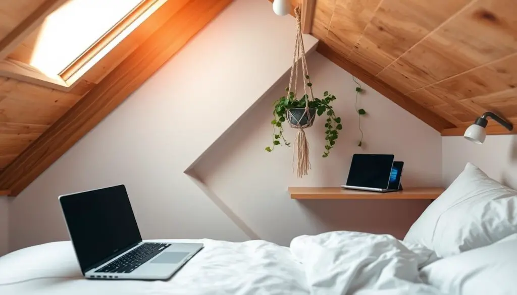 A cozy attic bedroom with sleek tech gadgets integrated seamlessly. Soft ambient lighting filters through the skylight, casting a warm glow on the wooden beams and white linens. A minimalist desk in the corner, adorned with a stylish laptop and wireless charging pad. Tucked into the alcove, a floating shelf hosts a smart speaker and a tablet docked in a discreet stand. Trailing vines spill from macrame plant hangers, lending a touch of nature. Wide-angle lens captures the intimate, serene atmosphere, hinting at the technological comforts within this peaceful retreat. A cozy attic bedroom with sleek tech gadgets integrated seamlessly. Soft ambient lighting filters through the skylight, casting a warm glow on the wooden beams and white linens. A minimalist desk in the corner, adorned with a stylish laptop and wireless charging pad. Tucked into the alcove, a floating shelf hosts a smart speaker and a tablet docked in a discreet stand. Trailing vines spill from macrame plant hangers, lending a touch of nature. Wide-angle lens captures the intimate, serene atmosphere, hinting at the technological comforts within this peaceful retreat.