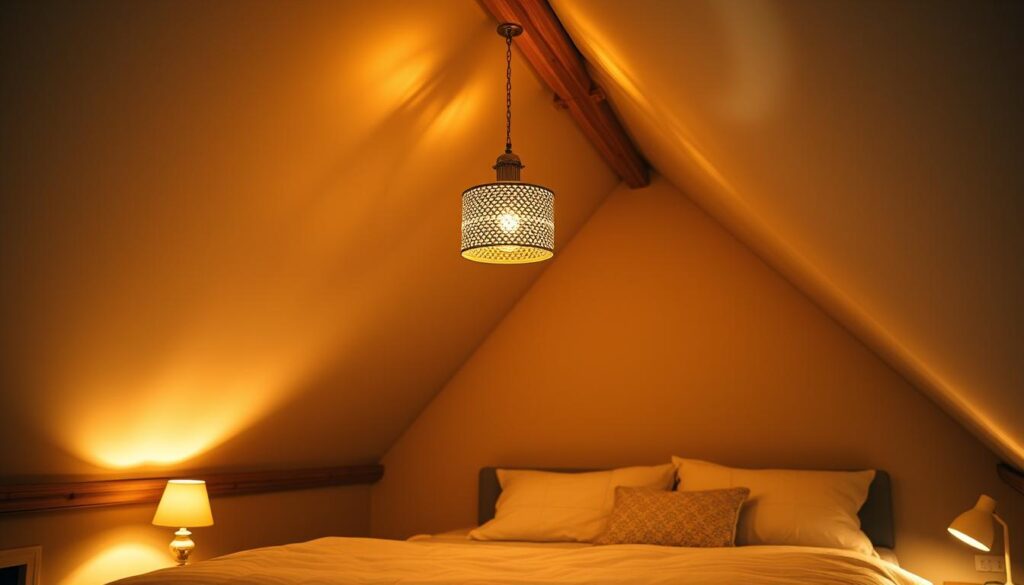 A cozy attic bedroom with soft, warm lighting illuminating the space. Gentle, golden overhead lighting casts a welcoming glow, while strategically placed task lamps and sconces provide focused illumination for reading nooks and vanity areas. The angled ceilings and exposed beams create an intimate, charming ambiance. Decorative pendant lights hang from the peak, their soft, diffused light complementing the natural wood tones and neutral color palette. The lighting works seamlessly with the room's layout, accentuating the architectural features and creating a harmonious, inviting atmosphere perfect for a restful night's sleep. A cozy attic bedroom with soft, warm lighting illuminating the space. Gentle, golden overhead lighting casts a welcoming glow, while strategically placed task lamps and sconces provide focused illumination for reading nooks and vanity areas. The angled ceilings and exposed beams create an intimate, charming ambiance. Decorative pendant lights hang from the peak, their soft, diffused light complementing the natural wood tones and neutral color palette. The lighting works seamlessly with the room's layout, accentuating the architectural features and creating a harmonious, inviting atmosphere perfect for a restful night's sleep.
