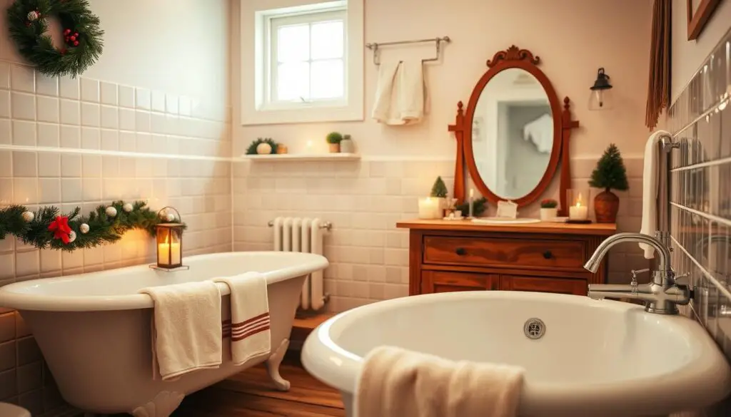 A cozy bathroom decorated for the holidays, with soft lighting and a warm, inviting atmosphere. The foreground features a claw-foot bathtub adorned with a festive garland, scented candles, and plush towels. In the middle ground, a wooden vanity holds a vintage-inspired mirror, accented by holiday-themed trinkets and a diffuser releasing soothing aromas. The background showcases a tiled wall with a small window, allowing natural light to filter in and create a gentle glow. The overall scene evokes a sense of relaxation and holiday cheer, perfect for incorporating seasonal scents and creating a cozy retreat.