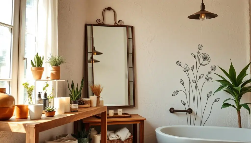 A cozy bathroom interior with rustic DIY decor elements. In the foreground, a hand-crafted wooden shelving unit displays an array of potted succulents, scented candles, and artisanal ceramics. The middle ground features a large, freestanding mirror with a decorative metal frame, reflecting the natural light streaming in from the window. In the background, a textured, whitewashed wall serves as a canvas for a minimalist line-art floral mural, adding a touch of whimsy and personality. The overall mood is warm, serene, and inviting, perfect for a relaxing self-care retreat.