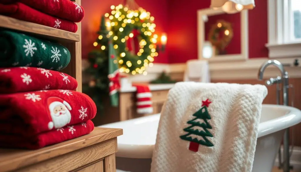 A cozy bathroom scene filled with festive holiday towels. In the foreground, plush red and green towels adorned with snowflake patterns and jolly Santa designs, neatly folded and displayed on a rustic wooden shelf. The middle ground features a large, fluffy white towel with an embroidered Christmas tree motif, draped over the edge of a clawfoot bathtub. In the background, the bathroom walls are painted a warm, inviting shade of cranberry, complemented by a string of twinkling fairy lights above the vanity mirror. The overall mood is one of comfort and seasonal cheer, evoking the feeling of a quaint, charming holiday home.
