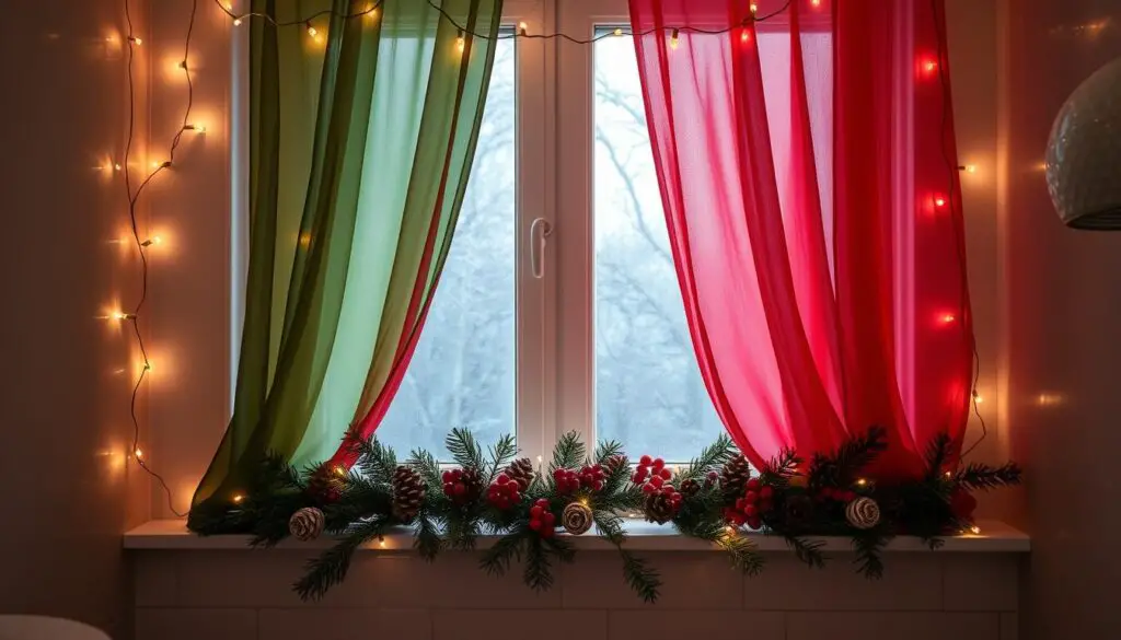 A cozy bathroom window, adorned with festive sheer curtains in hues of deep green and crimson, gently billowing in the soft winter breeze. Strings of twinkling fairy lights line the frame, casting a warm, magical glow across the scene. On the sill, a delicate garland of evergreen branches, pine cones, and bright red berries adds a touch of rustic charm. The muted light filtering through the glass creates a serene, inviting atmosphere, perfect for a peaceful moment of holiday reflection.