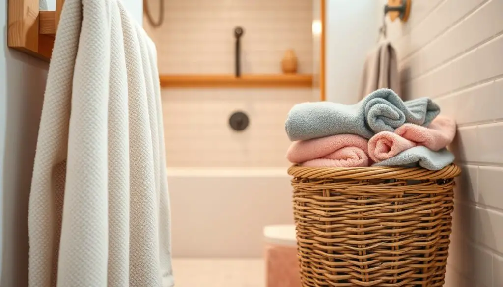 A cozy bathroom with a focus on budget-friendly towel solutions. The foreground features a plush, absorbent towel in a neutral shade, neatly folded and displayed on a simple wooden towel rack. In the middle ground, a small wicker basket holds an assortment of colorful hand towels, showcasing a variety of patterns and textures. The background reveals a minimalist bathroom interior with white subway tiles, natural wood accents, and soft ambient lighting, creating a serene and inviting atmosphere. The overall composition highlights practical yet stylish towel storage and display, inspiring viewers to create a budget-friendly, but visually appealing bathroom space. A cozy bathroom with a focus on budget-friendly towel solutions. The foreground features a plush, absorbent towel in a neutral shade, neatly folded and displayed on a simple wooden towel rack. In the middle ground, a small wicker basket holds an assortment of colorful hand towels, showcasing a variety of patterns and textures. The background reveals a minimalist bathroom interior with white subway tiles, natural wood accents, and soft ambient lighting, creating a serene and inviting atmosphere. The overall composition highlights practical yet stylish towel storage and display, inspiring viewers to create a budget-friendly, but visually appealing bathroom space.