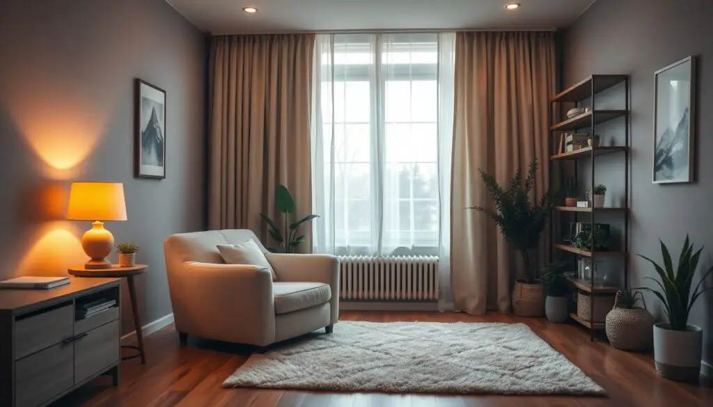 A cozy bedroom nook with plush textures and warm lighting. A large, inviting armchair sits in the foreground, flanked by a small side table with a glowing table lamp. Soft, neutral-toned curtains frame a large window, allowing natural light to filter in and create a serene ambiance. Wooden floors and shelves in the background provide grounding elements, while a plush area rug and a few potted plants add touches of greenery. The overall atmosphere is one of relaxation and comfort, perfect for curling up with a good book or enjoying a moment of quiet contemplation.