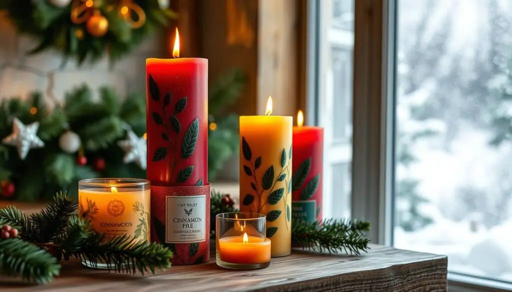 A cozy collection of holiday-scented candles adorns a rustic wooden surface. Tall, cylindrical wax pillars in festive shades of red, green, and gold flicker softly, casting a warm, inviting glow. The candles are adorned with intricate botanical designs, their scents of cinnamon, pine, and fresh citrus wafting through the air. In the background, a winter landscape is visible through a frosty windowpane, adding to the serene, festive atmosphere. The scene is captured in a soft, natural lighting, with a shallow depth of field that draws the viewer's attention to the enchanting candle display.