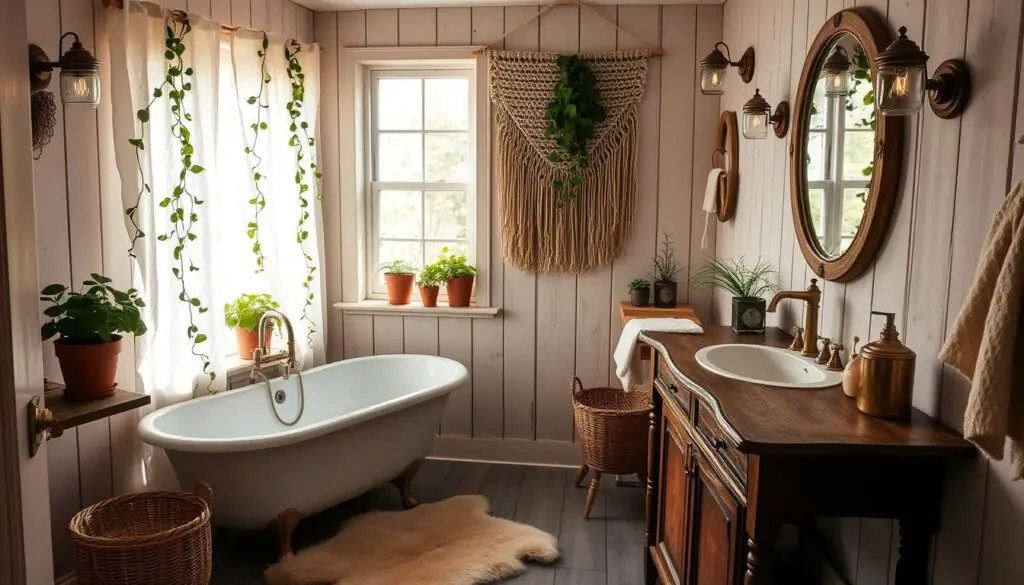 A cozy cottage bathroom with a clawfoot tub, wooden vanity, and woven baskets. Soft natural light filters through lacy curtains, casting a warm glow. Trailing vines and potted plants adorn the shelves, while a fluffy sheepskin rug adds texture. Antique brass fixtures and mason jar sconces complement the rustic-chic aesthetic. A handwoven wall hanging and a distressed mirror frame complete the thoughtful, lived-in look. The overall impression is one of serene, harmonious simplicity - a sanctuary of natural beauty and personal touches.