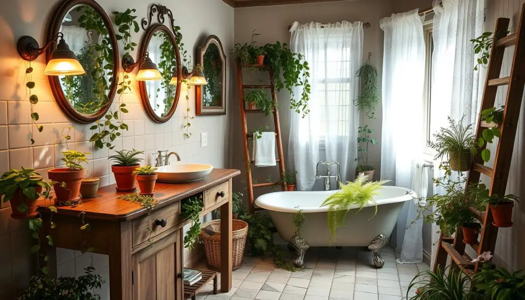A cozy cottage core bathroom, filled with lush botanical elements. Rustic wooden vanity, adorned with terracotta pots bursting with trailing vines and fragrant herbs. Muted pastel tiles, reflecting the soft light from vintage sconces. A clawfoot tub nestled in the corner, surrounded by potted ferns and delicate wildflowers. Sunlight filters through sheer lace curtains, casting a warm glow over the space. Antique mirrors and a wooden ladder towel rack add to the charming, natural ambiance. A sense of tranquility and a connection to the outdoors pervades this inviting, botanical-inspired sanctuary.