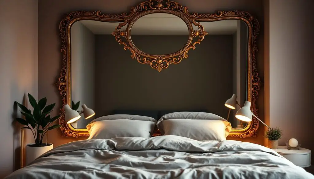 A cozy, dimly lit small bedroom for a couple, with a large, ornate wall mirror that creates an illusion of depth and spaciousness. The mirror's intricate gold frame reflects the soft, warm lighting from a pair of bedside lamps, casting a romantic glow. In the foreground, a plush, neutral-toned bedspread and pillows invite relaxation, while potted plants and a minimal, Scandinavian-inspired nightstand add natural elements. The background features a subtle, textured wall in a soothing, muted color, complementing the overall serene and intimate atmosphere. A cozy, dimly lit small bedroom for a couple, with a large, ornate wall mirror that creates an illusion of depth and spaciousness. The mirror's intricate gold frame reflects the soft, warm lighting from a pair of bedside lamps, casting a romantic glow. In the foreground, a plush, neutral-toned bedspread and pillows invite relaxation, while potted plants and a minimal, Scandinavian-inspired nightstand add natural elements. The background features a subtle, textured wall in a soothing, muted color, complementing the overall serene and intimate atmosphere.