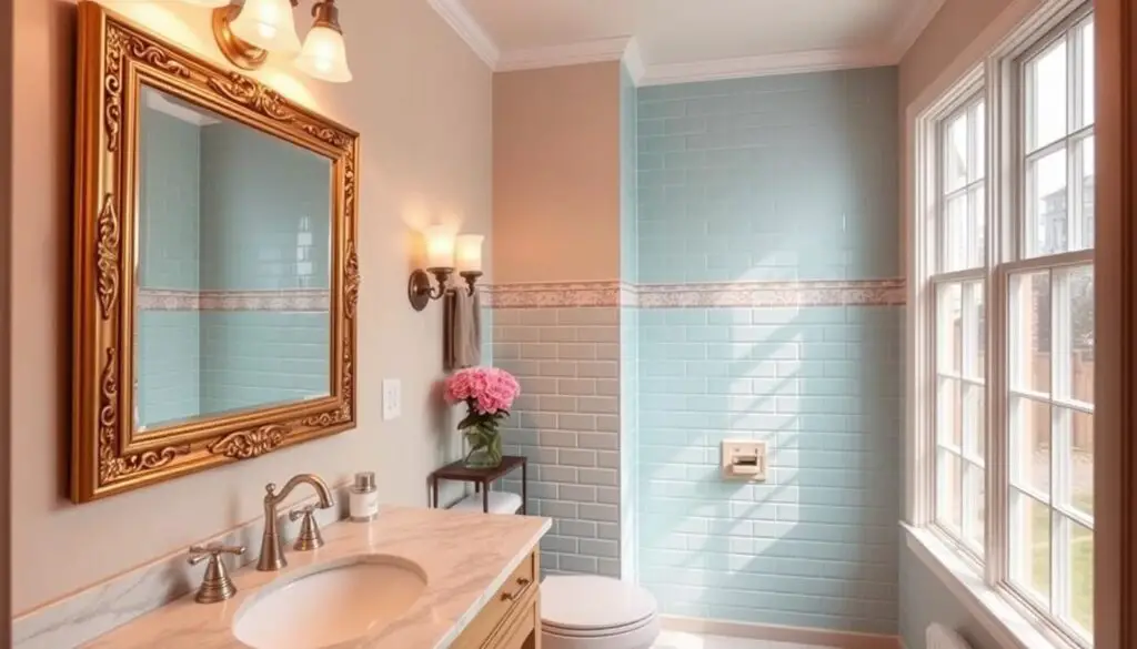 A cozy half bathroom with a warm, inviting color scheme. The foreground features a vanity with a marble countertop and sleek chrome fixtures, complemented by a large mirror with an ornate gold frame. The middle ground showcases a tiled wall in a soothing pastel blue, creating a calming, spa-like atmosphere. The background showcases a large window allowing natural light to filter in, illuminating the space with a soft, golden glow. The overall impression is one of sophistication and elegance, perfectly suited for a "Smart Color Choices" feature in an article on small half bathroom decor ideas. A cozy half bathroom with a warm, inviting color scheme. The foreground features a vanity with a marble countertop and sleek chrome fixtures, complemented by a large mirror with an ornate gold frame. The middle ground showcases a tiled wall in a soothing pastel blue, creating a calming, spa-like atmosphere. The background showcases a large window allowing natural light to filter in, illuminating the space with a soft, golden glow. The overall impression is one of sophistication and elegance, perfectly suited for a "Smart Color Choices" feature in an article on small half bathroom decor ideas.