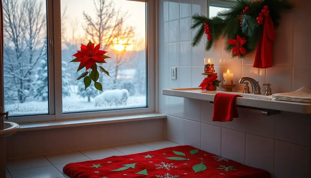 A cozy holiday bathroom decor scene with a festive atmosphere. In the foreground, a plush red and green holiday-themed bath mat covers the tiled floor. On the vanity, a small potted poinsettia plant sits beside a lit holiday-themed candle, casting a warm glow. The mirror is framed with a garland of evergreen sprigs and red berries. In the background, a window showcases a snowy winter landscape, bathed in the soft light of a setting sun. The overall mood is cheerful, inviting, and perfect for the holiday season.