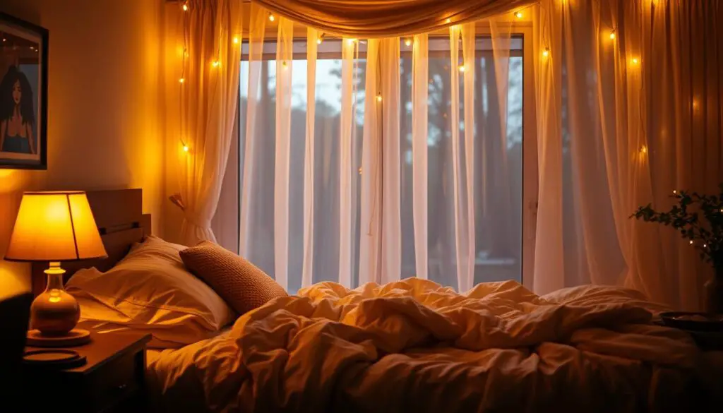 A cozy, intimate bedroom bathed in warm, soft lighting. Ambient glow from a bedside table lamp, its shade emitting a golden hue that casts a gentle luminance across the plush bedding and natural textures of the space. Subtle highlights from string lights draped overhead, their delicate illumination adding a touch of fairy-tale whimsy. The scene is framed by a large window, its gossamer curtains allowing in just enough natural light to create a welcoming, serene atmosphere. The overall mood is one of comfort, relaxation, and quiet contemplation - the perfect setting to unwind and drift off to sleep. A cozy, intimate bedroom bathed in warm, soft lighting. Ambient glow from a bedside table lamp, its shade emitting a golden hue that casts a gentle luminance across the plush bedding and natural textures of the space. Subtle highlights from string lights draped overhead, their delicate illumination adding a touch of fairy-tale whimsy. The scene is framed by a large window, its gossamer curtains allowing in just enough natural light to create a welcoming, serene atmosphere. The overall mood is one of comfort, relaxation, and quiet contemplation - the perfect setting to unwind and drift off to sleep.