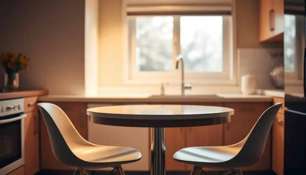 A cozy, intimate kitchen with a compact round table set against a warm, inviting backdrop. The table's smooth, polished surface reflects the gentle lighting, casting a soft glow across the space. Sleek, minimalist chairs surround the table, their clean lines complementing the overall aesthetic. The kitchen's neutral color palette, with subtle pops of natural wood tones, creates a harmonious and calming atmosphere. A large window in the background allows natural light to filter in, lending an airy and open feel to the room. This compact, functional setup is perfect for small kitchens, enabling intimate gatherings and meals with loved ones.