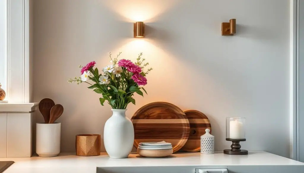 A cozy kitchen counter adorned with a mix of decorative accents, including a sleek ceramic vase holding fresh flowers, a set of decorative wooden trays, and a vintage-inspired candle holder. Soft, diffused lighting from a pair of minimalist wall sconces casts a warm glow, creating a welcoming and personalized ambiance. The arrangement is thoughtfully styled, with elements of texture, color, and natural elements to add visual interest and a touch of personality to the small kitchen space. A cozy kitchen counter adorned with a mix of decorative accents, including a sleek ceramic vase holding fresh flowers, a set of decorative wooden trays, and a vintage-inspired candle holder. Soft, diffused lighting from a pair of minimalist wall sconces casts a warm glow, creating a welcoming and personalized ambiance. The arrangement is thoughtfully styled, with elements of texture, color, and natural elements to add visual interest and a touch of personality to the small kitchen space.