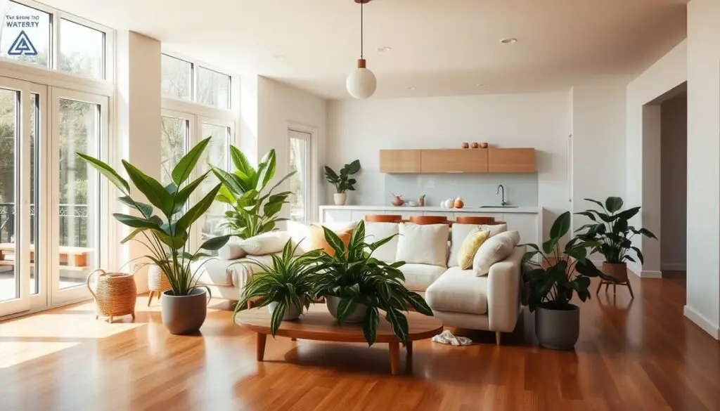 A cozy, light-filled open plan living room with a minimalist, mid-century modern design. Abundant natural light streams through large windows, casting a warm glow on the polished hardwood floors and crisp white walls. In the foreground, a plush, L-shaped sectional sofa in a soft, neutral tone invites relaxation. Complementing it, a low, wooden coffee table is adorned with lush potted plants, their verdant foliage adding a touch of nature. Behind, a small, efficient kitchenette seamlessly integrates with the living space, its clean lines and muted tones creating a harmonious flow. Overhead, a simple pendant light fixture casts a gentle illumination, while large, leafy plants in the corners further enhance the serene, biophilic atmosphere. A cozy, light-filled open plan living room with a minimalist, mid-century modern design. Abundant natural light streams through large windows, casting a warm glow on the polished hardwood floors and crisp white walls. In the foreground, a plush, L-shaped sectional sofa in a soft, neutral tone invites relaxation. Complementing it, a low, wooden coffee table is adorned with lush potted plants, their verdant foliage adding a touch of nature. Behind, a small, efficient kitchenette seamlessly integrates with the living space, its clean lines and muted tones creating a harmonious flow. Overhead, a simple pendant light fixture casts a gentle illumination, while large, leafy plants in the corners further enhance the serene, biophilic atmosphere.